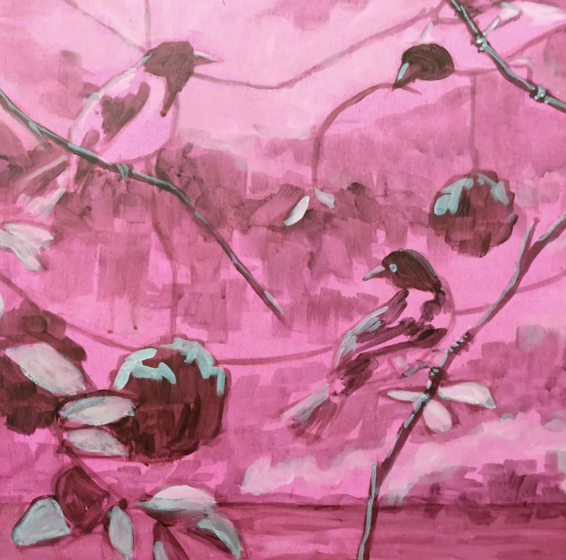 Pink underpainting of acrylic painting of birds