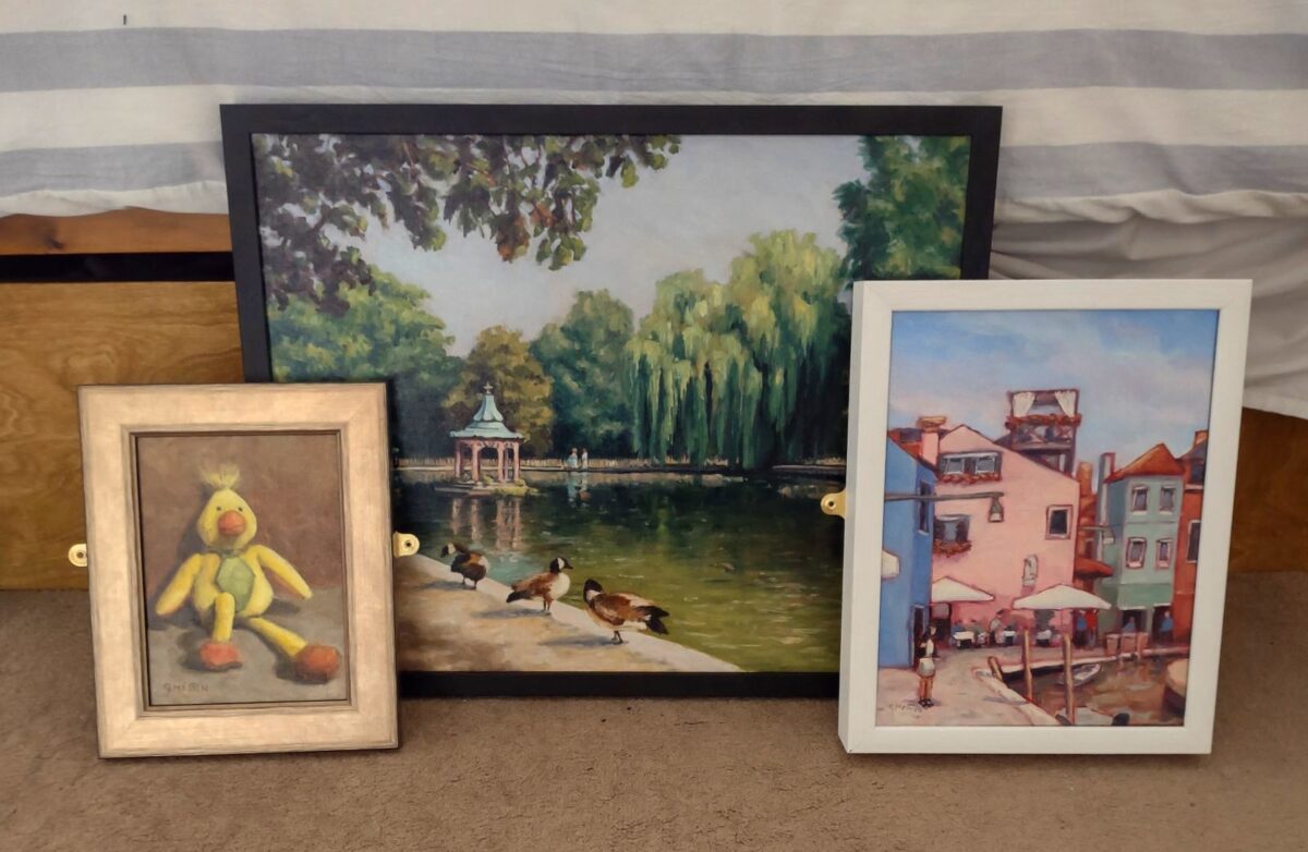 Three oil paintings framed for exhibition