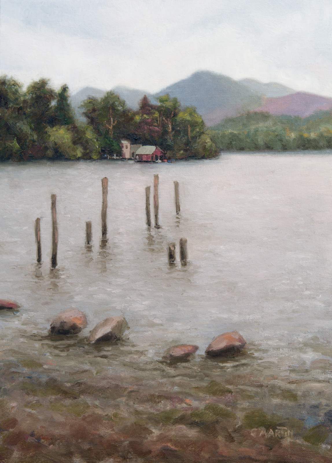 Painting of Lake District Keswick with mountains in background and shore in foreground