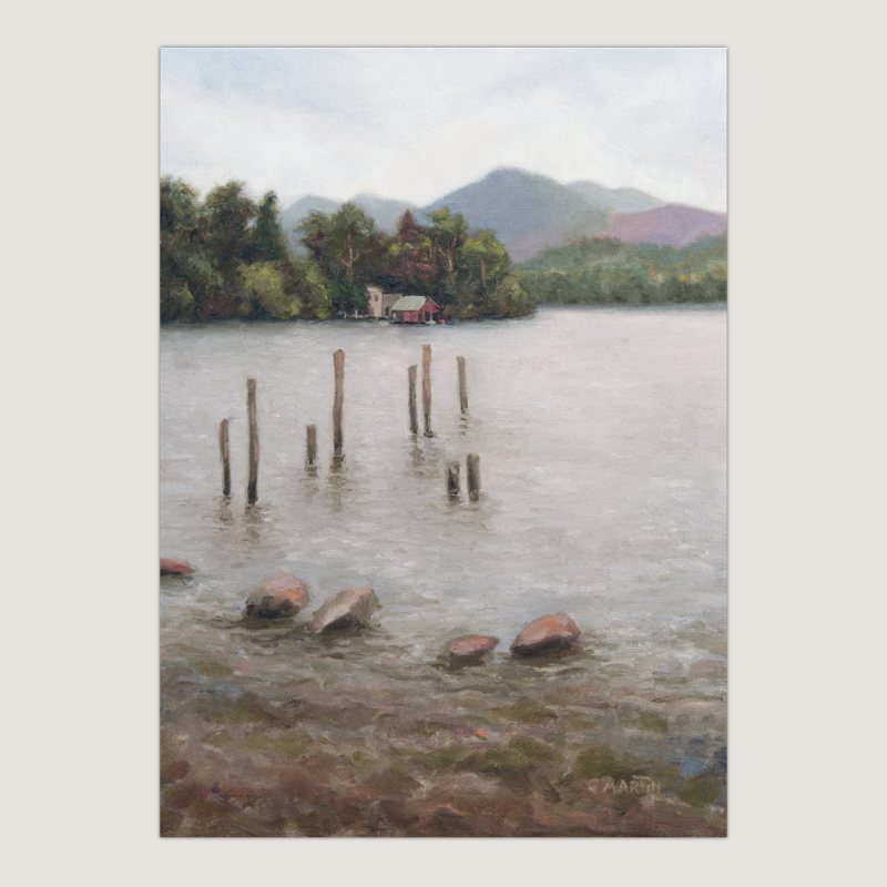 Painting of Keswick Lake with hills in background