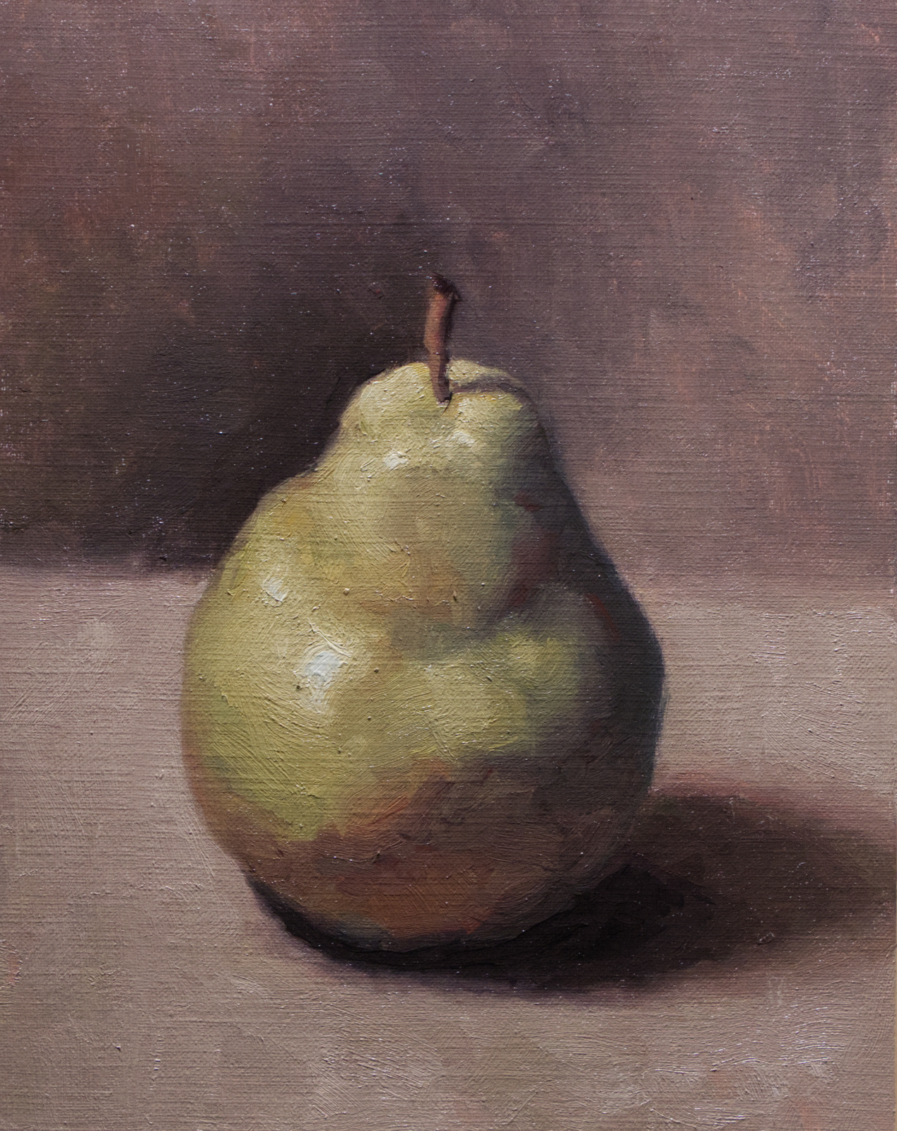 Painting of a green pear on a neutral brown background