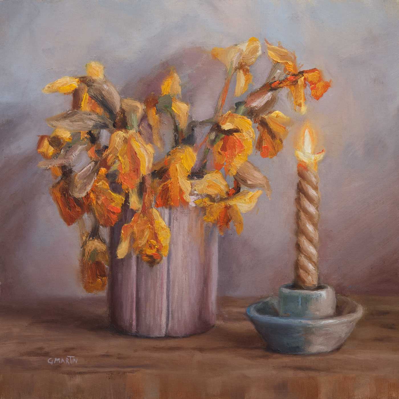 Oil painting of wilted Daffodils in a vase next to a candle burning bright
