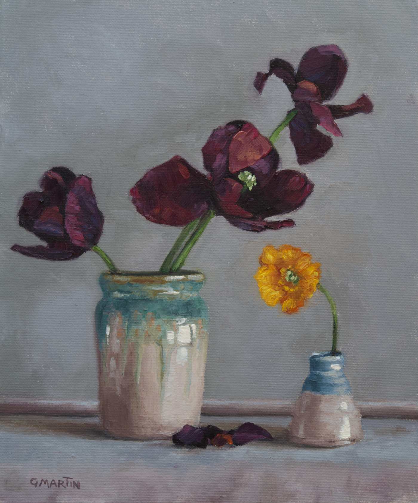 Large oil painting of purple tulips and welsh poppy in 2 vases.